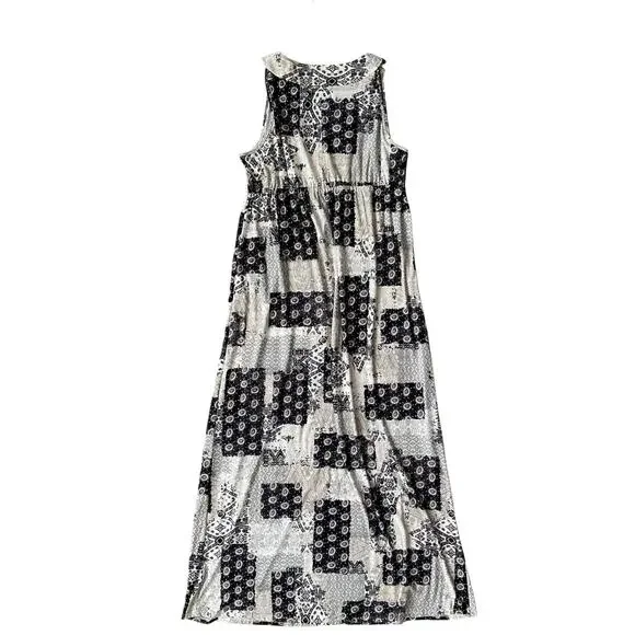 Style & Co Patchwork Paisley Maxi Dress Large Black Tan Stretch Boho - Picture 9 of 10